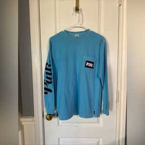 VICTORIAS SECRET PINK OVERSIZE LONG SLEEVE"PINK" POCKET CREWNECK‎ TEESHIRT